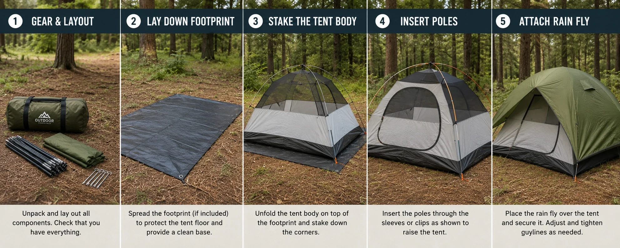 Step by step tent setup process for beginners showing stakes, poles, and rain fly being attached