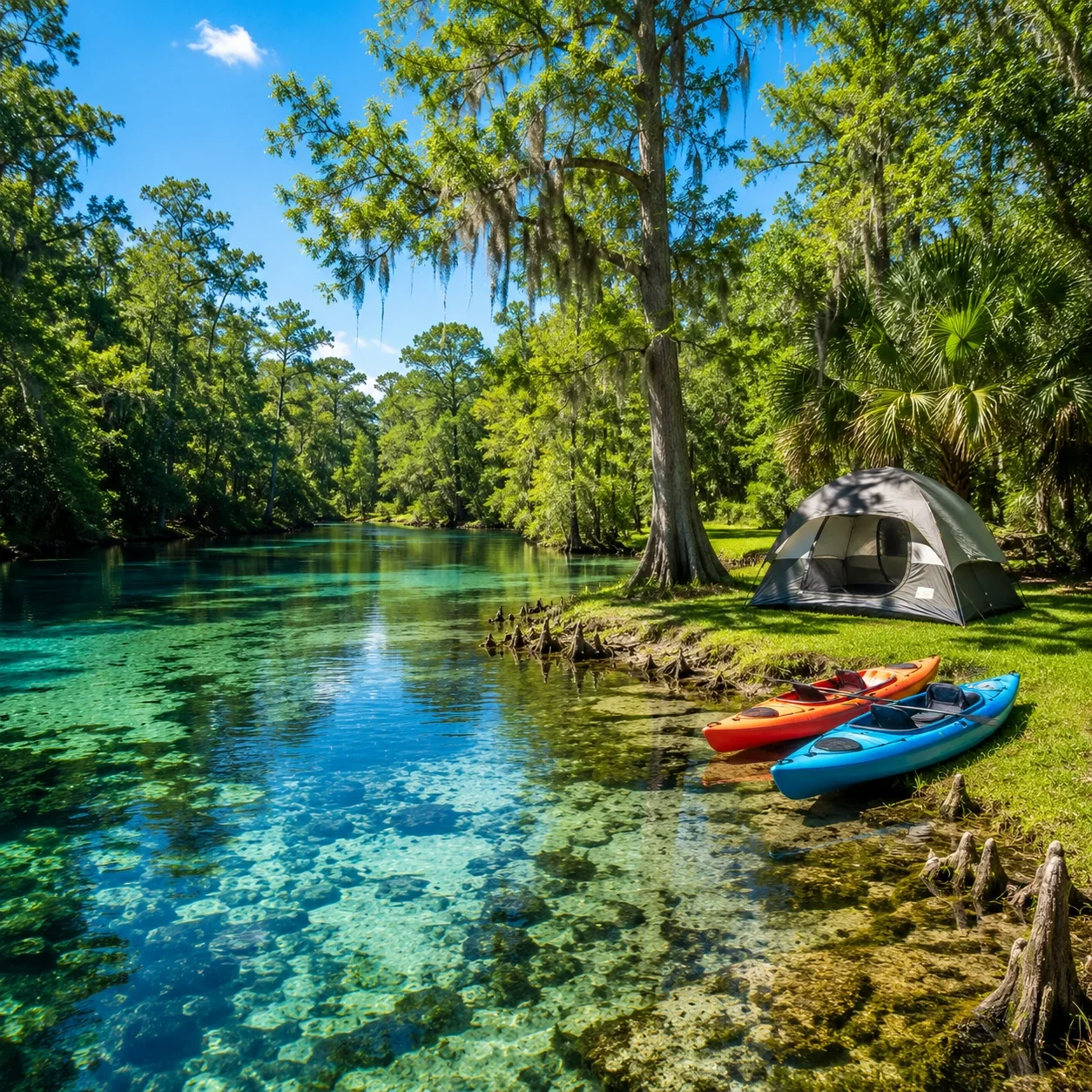 Florida springs camping with crystal clear turquoise water and cypress trees