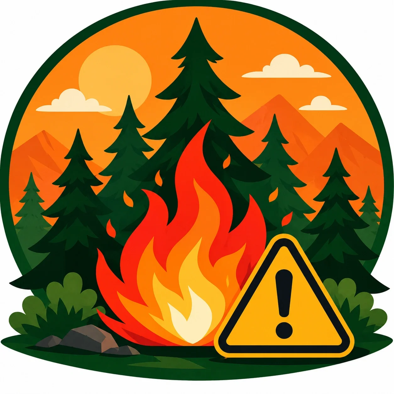 Wildfire safety icon for forest camping destinations
