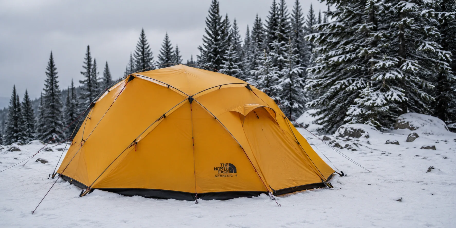 Four season expedition tent with snow on top in winter conditions