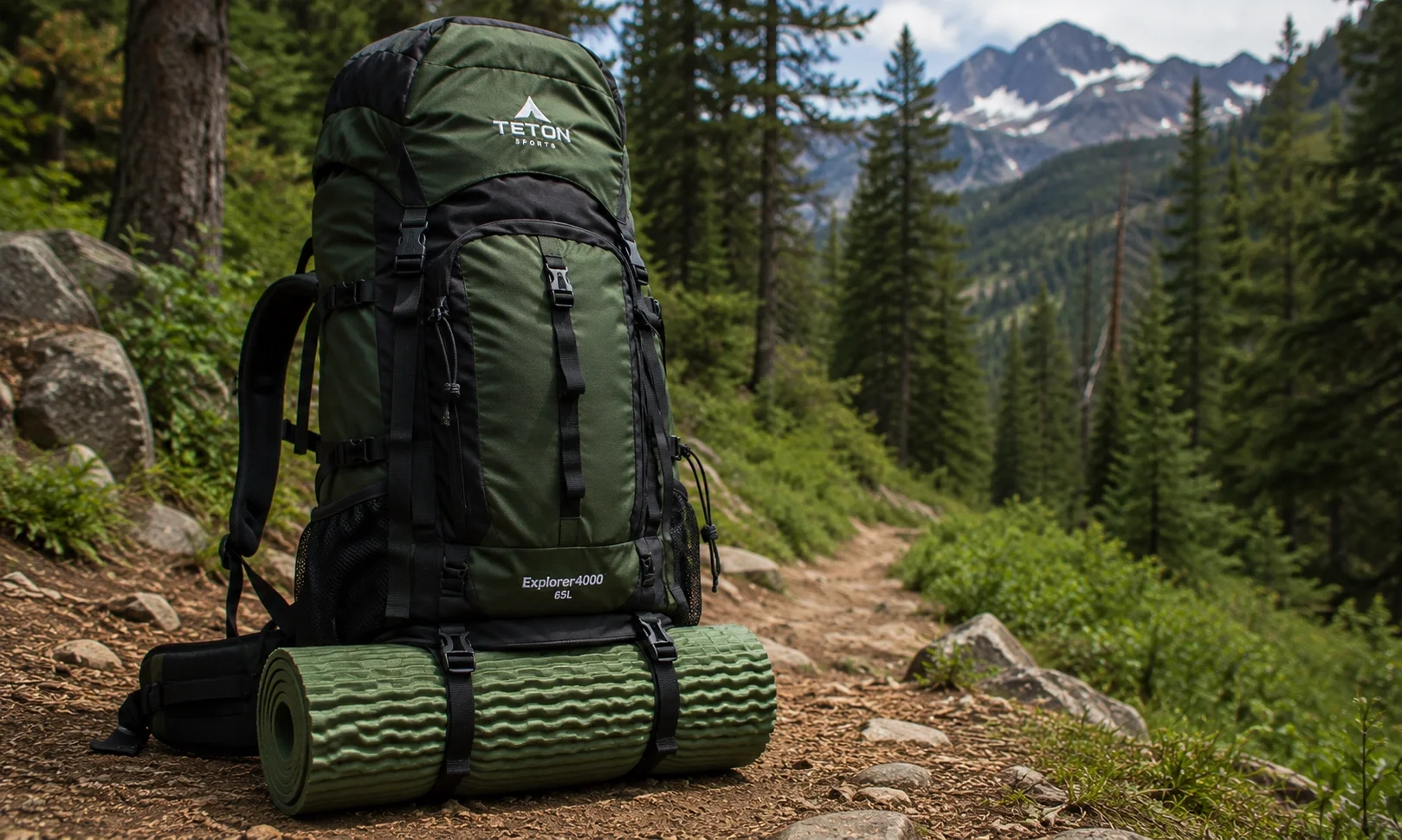 Hiking backpack loaded with camping gear on a trail