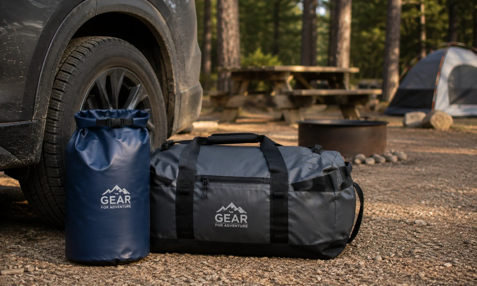 Duffel camping bag packed with gear next to a tent