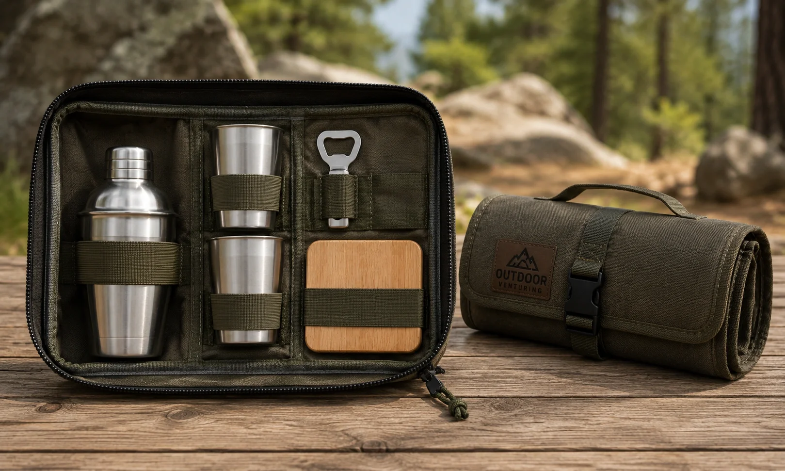 Portable camp bar set with cocktail shaker and cups