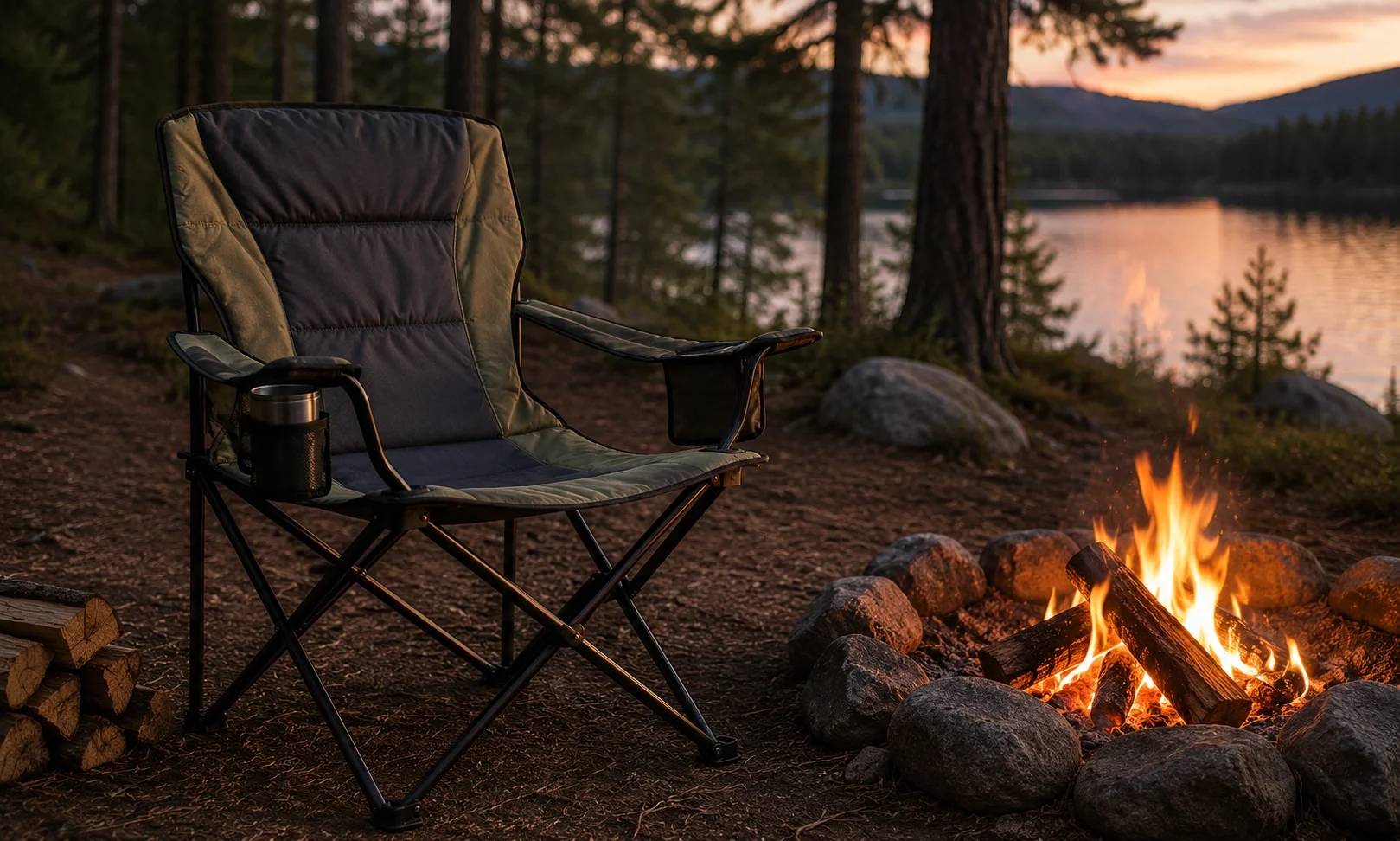 Comfortable camping chair with cup holder at a campsite