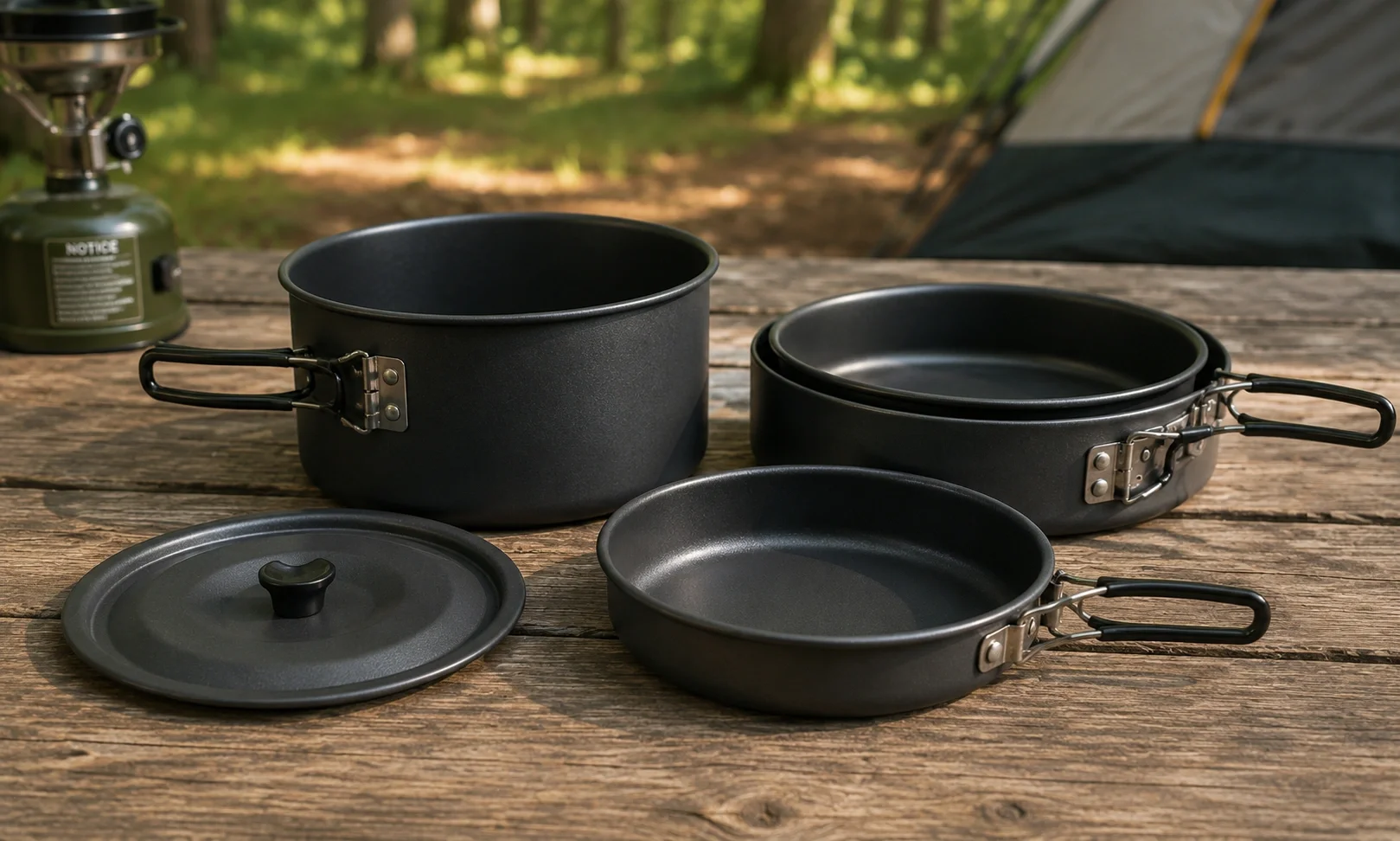 Nesting camping cookware set with pots pans and lids