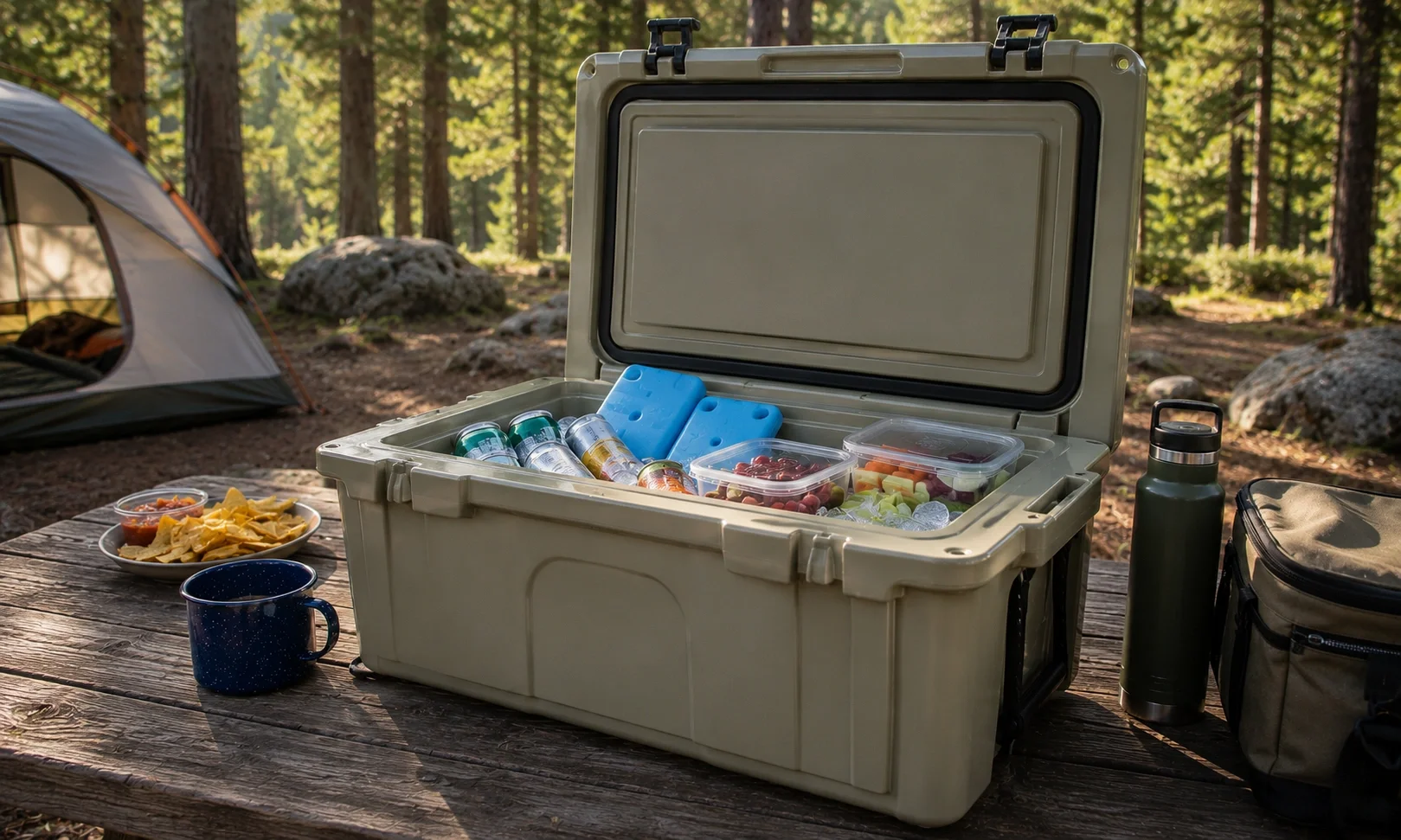 High-performance rotomolded camping cooler with drinks and ice