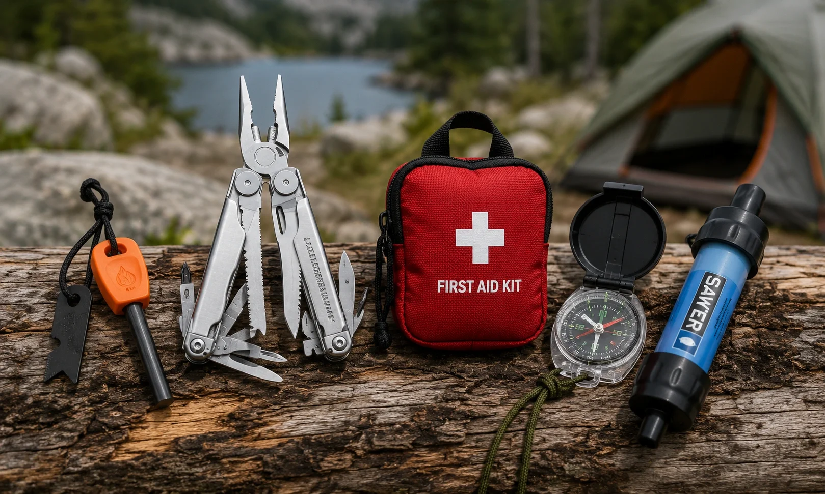 Core camping essentials collection including fire starter multi-tool and first aid