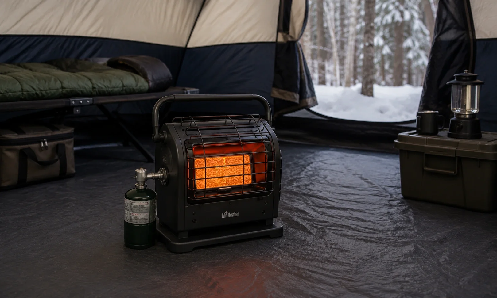 Portable propane camping heater inside a large tent