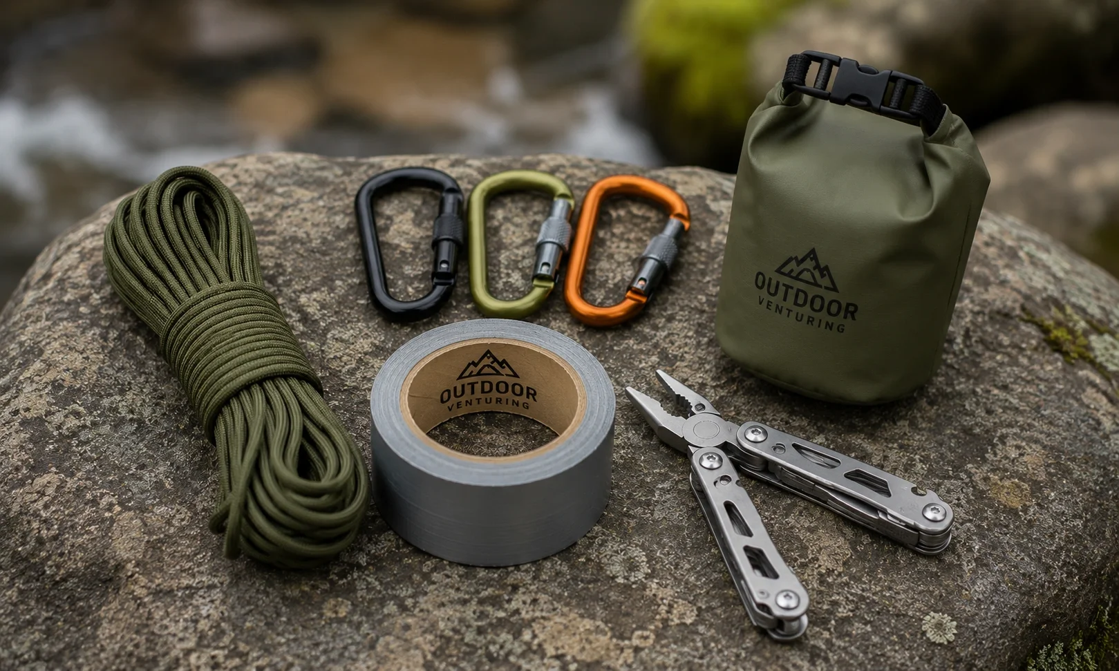 Assorted camping items and accessories spread on a table