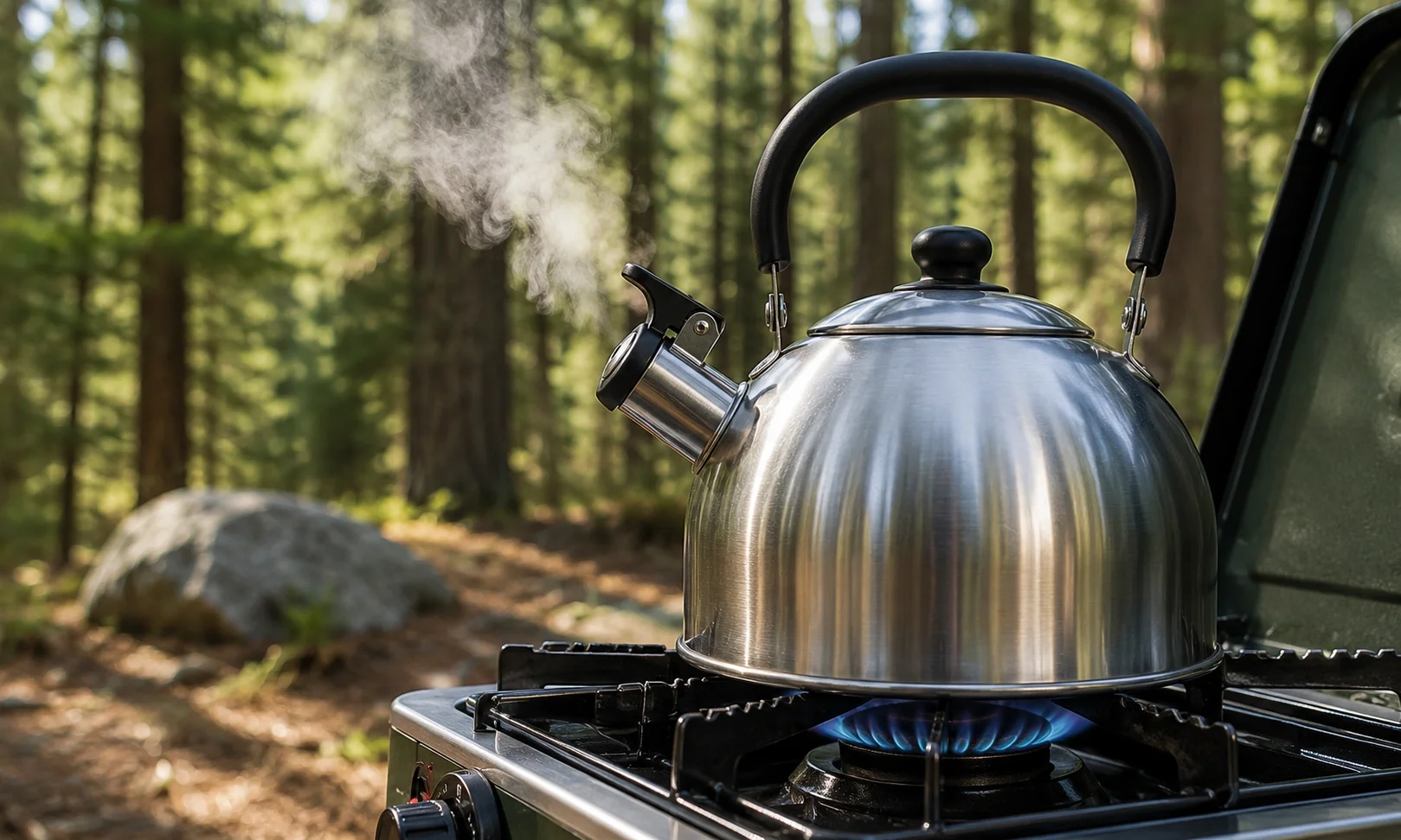 Camping kettle boiling water on a camp stove