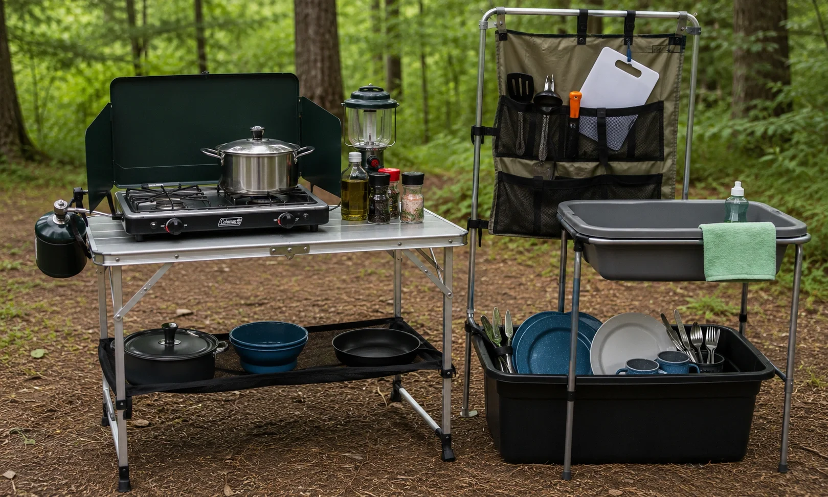 Organized camp kitchen setup with utensils and cookware