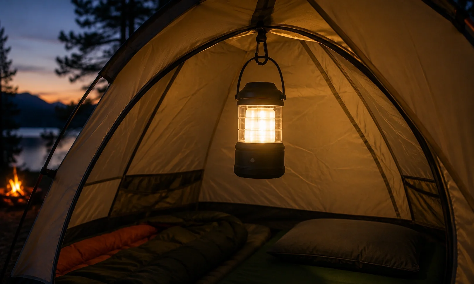 LED camping lantern illuminating a tent interior at night