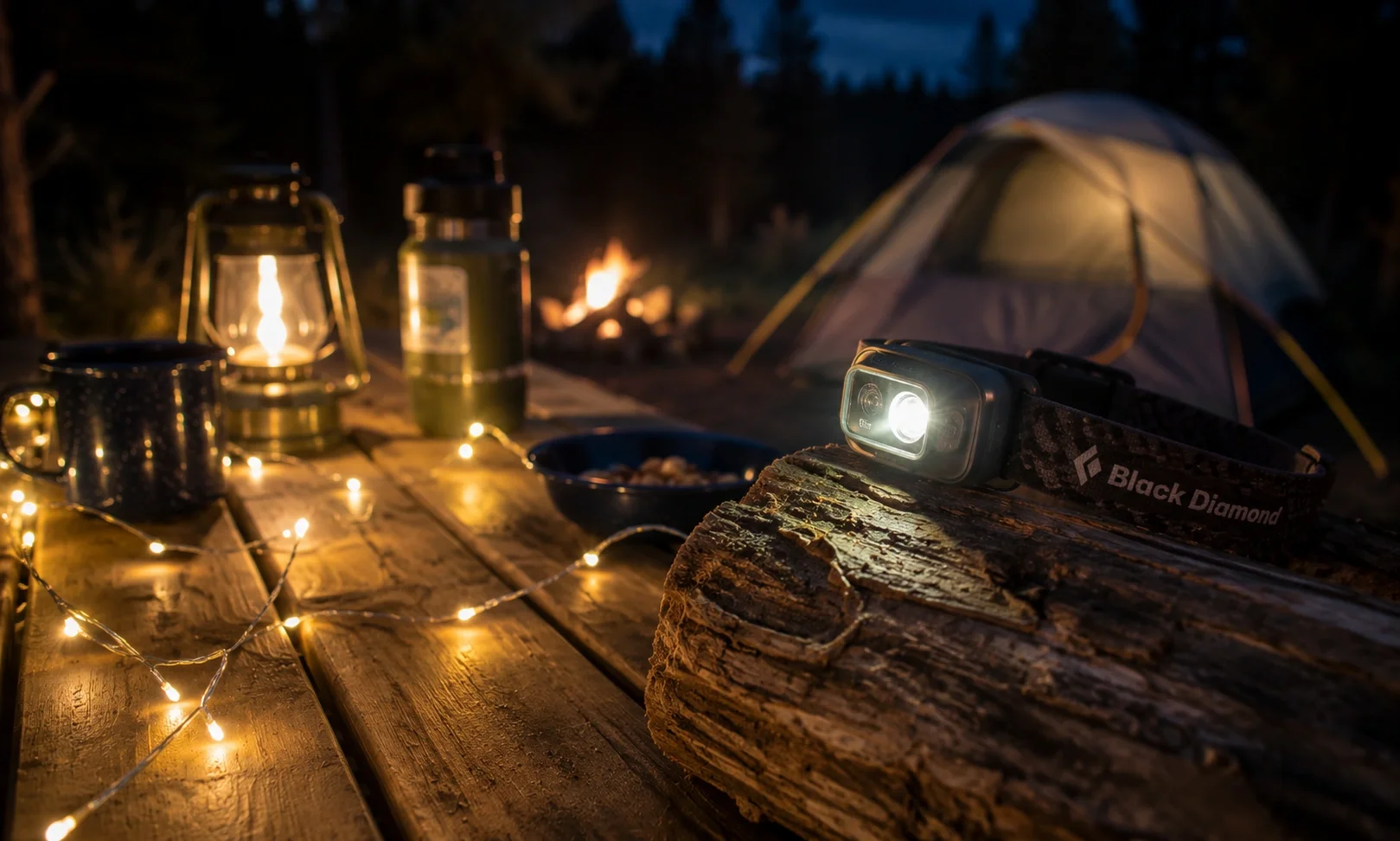 Camping string lights and headlamp for outdoor illumination