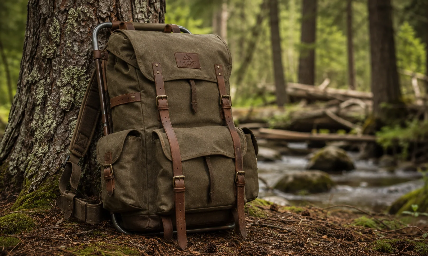 Classic camping rucksack with external frame on a forest trail