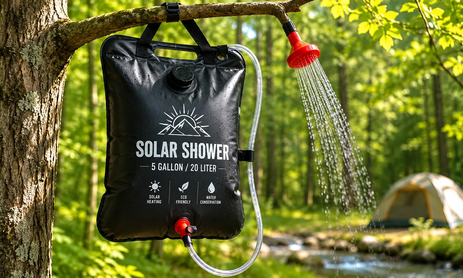 Solar camping shower bag hanging from a tree branch