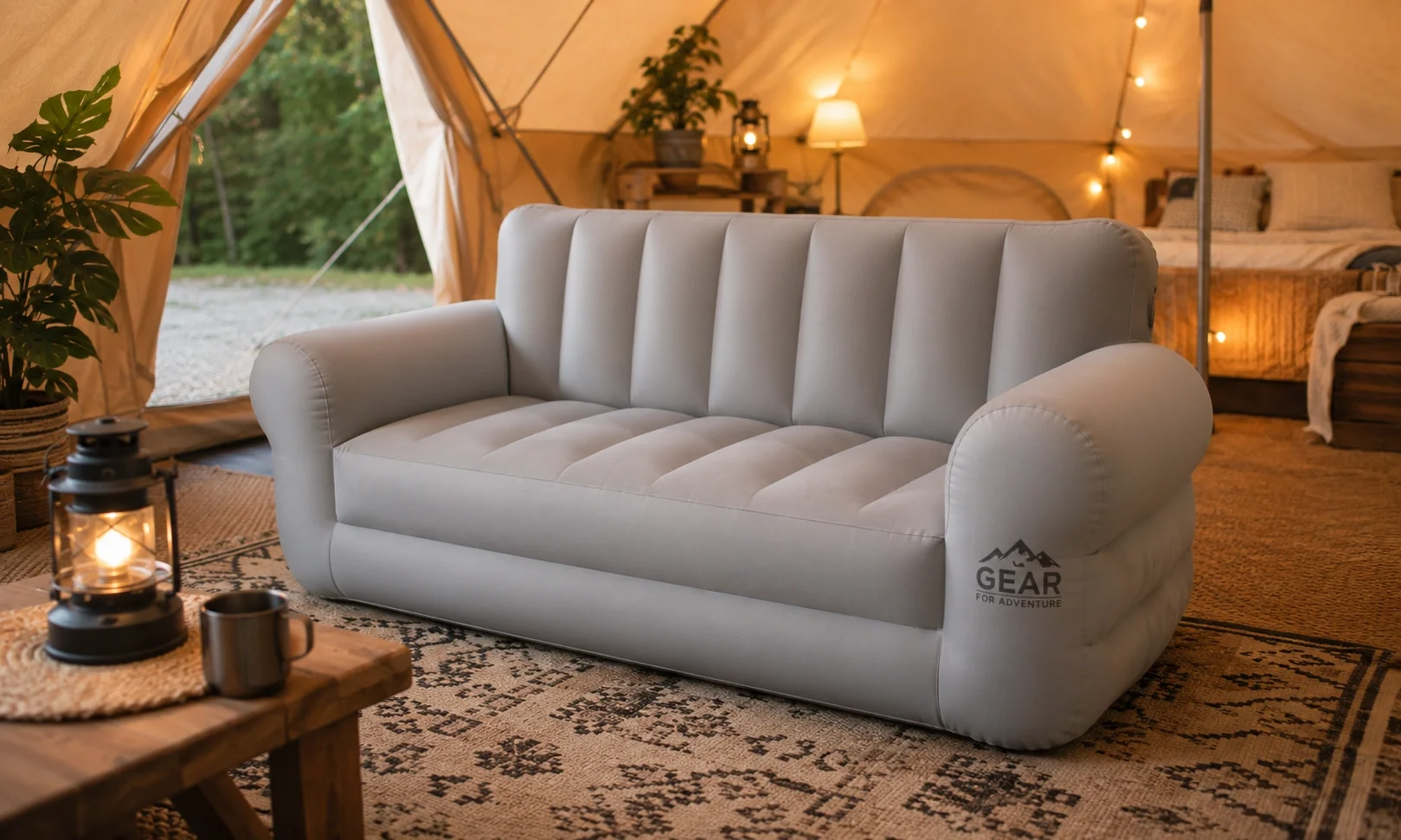 Inflatable camping sofa at a glamping setup