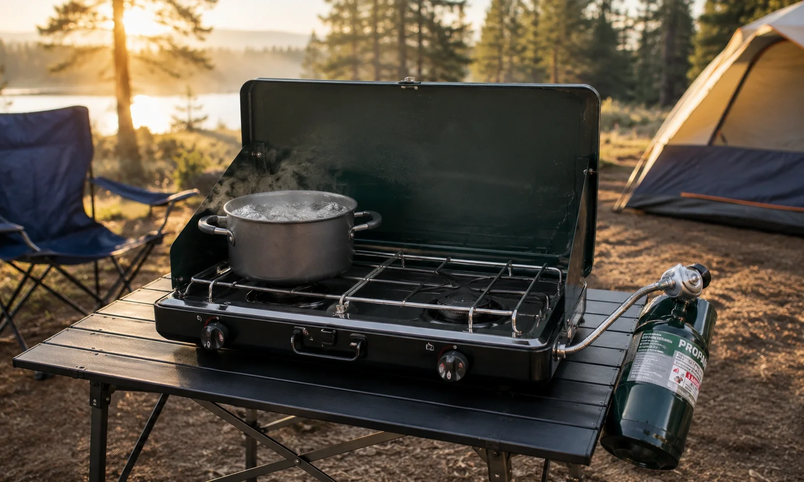 Two-burner propane camping stove on a camp table