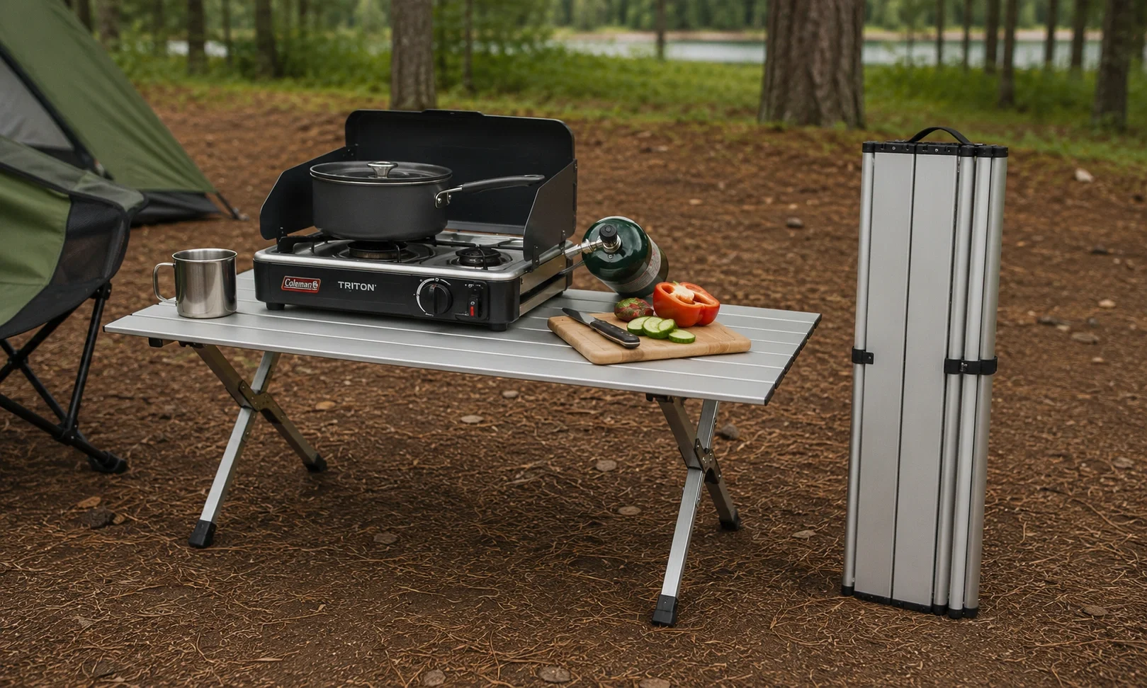 Folding camping table set up with cookware and food