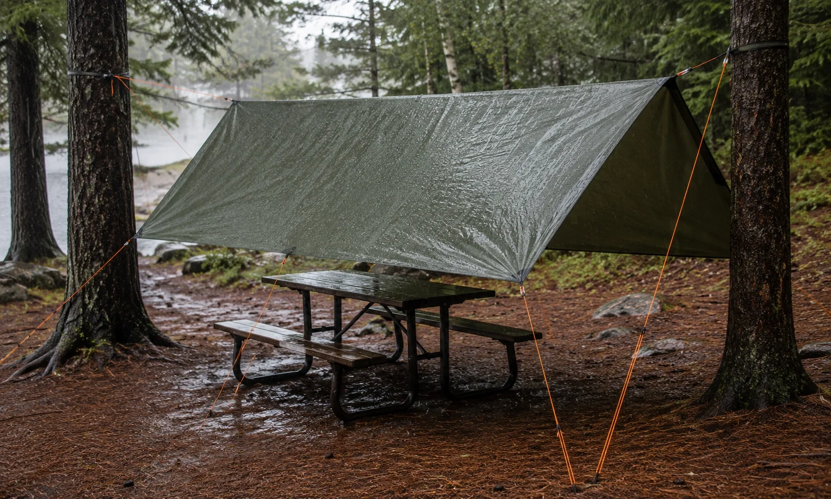 Camping tarp set up as rain fly over a picnic area