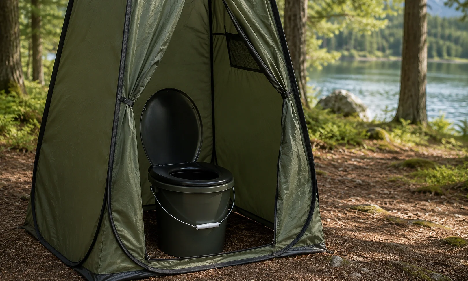 Portable camping toilet set up in a privacy tent