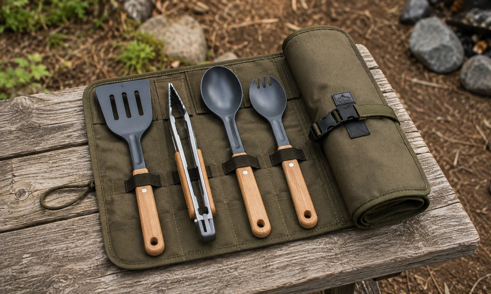 Camping utensil set with spatula tongs and cutlery