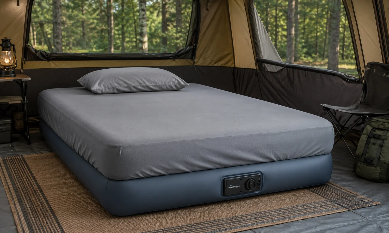 Inflatable camping bed with built-in pump in a tent setup