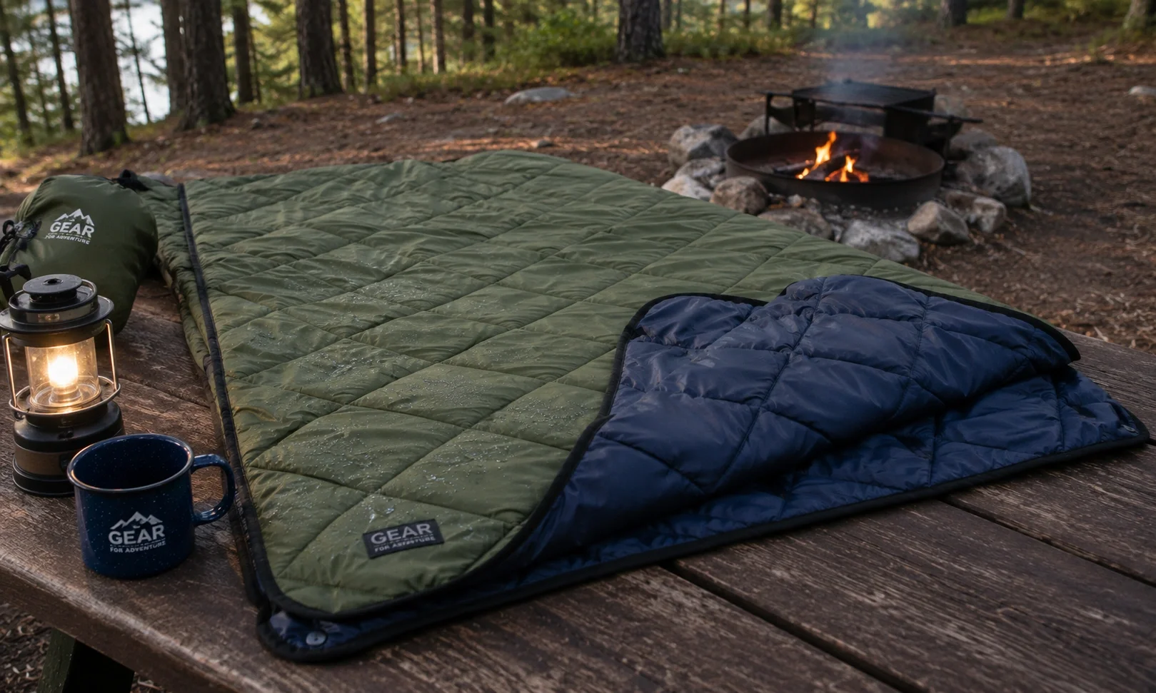 Waterproof camping blanket laid out at a campsite