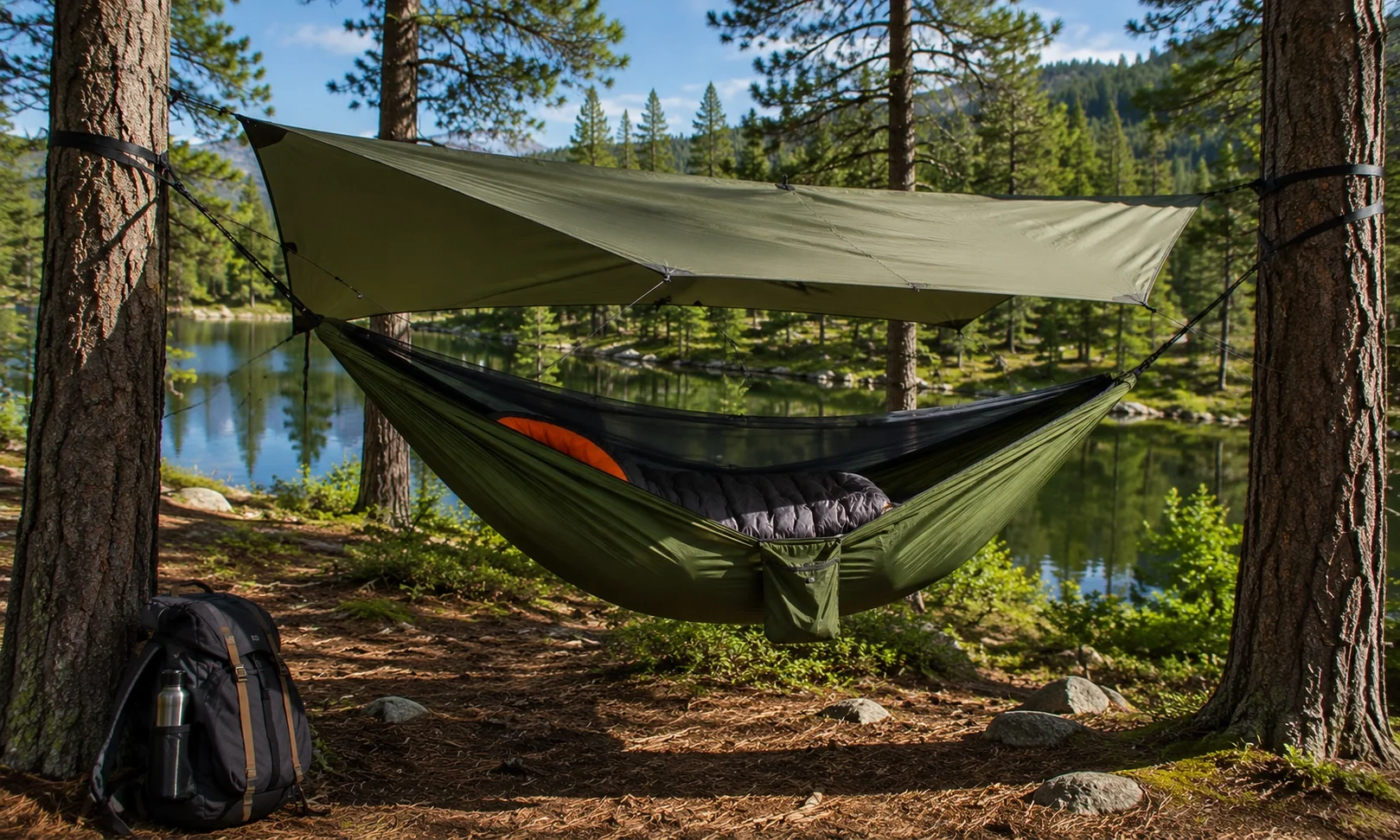 Camping hammock suspended between two trees with rain tarp