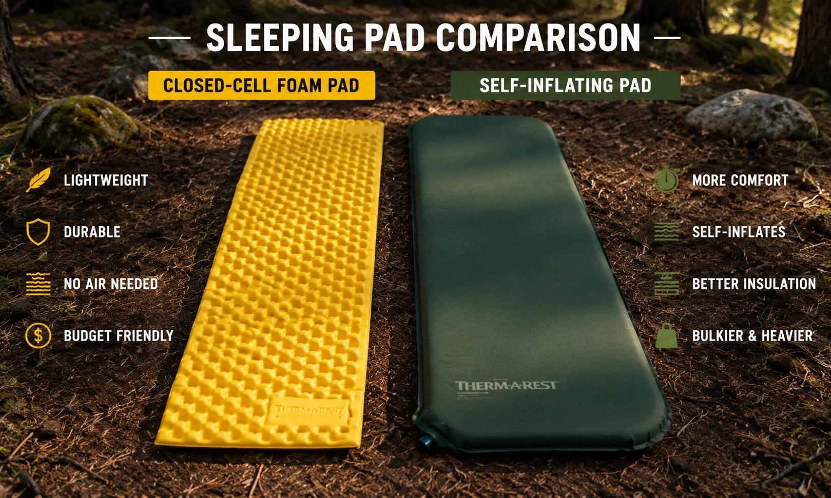 Foam and self-inflating camping sleeping mats side by side