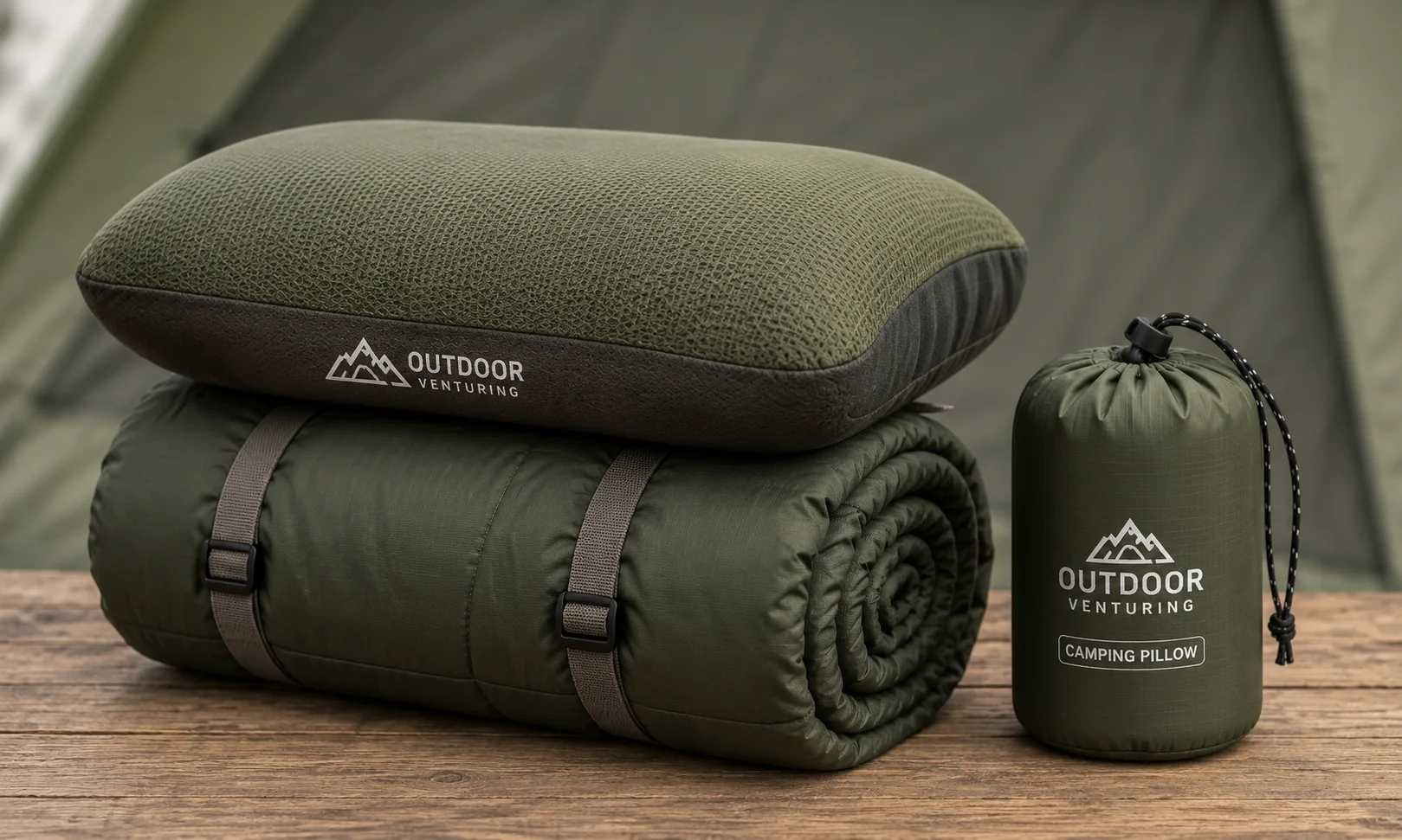 Compressible camping pillow packed small next to a sleeping bag