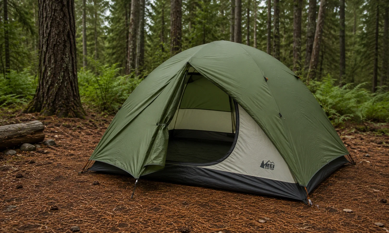 Camping tent set up at a forest campsite with rain fly