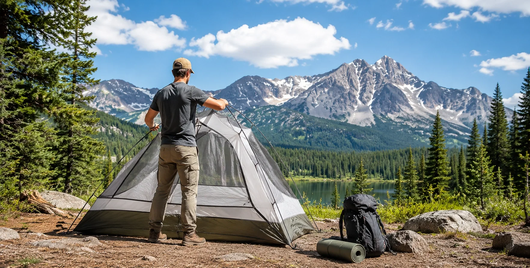 Beginner camper successfully setting up a tent at a scenic campground with mountains in the background