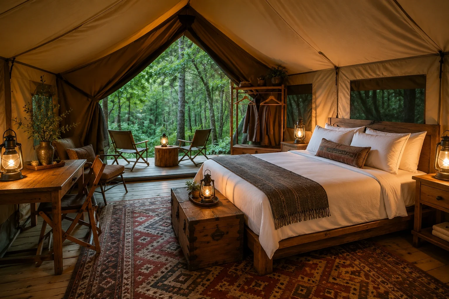 Luxury glamping tent with comfortable bed, ambient lighting, and furnished interior in a natural setting