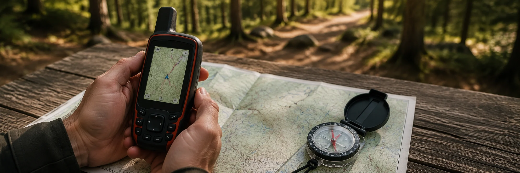Handheld GPS device showing trail map in a wilderness setting