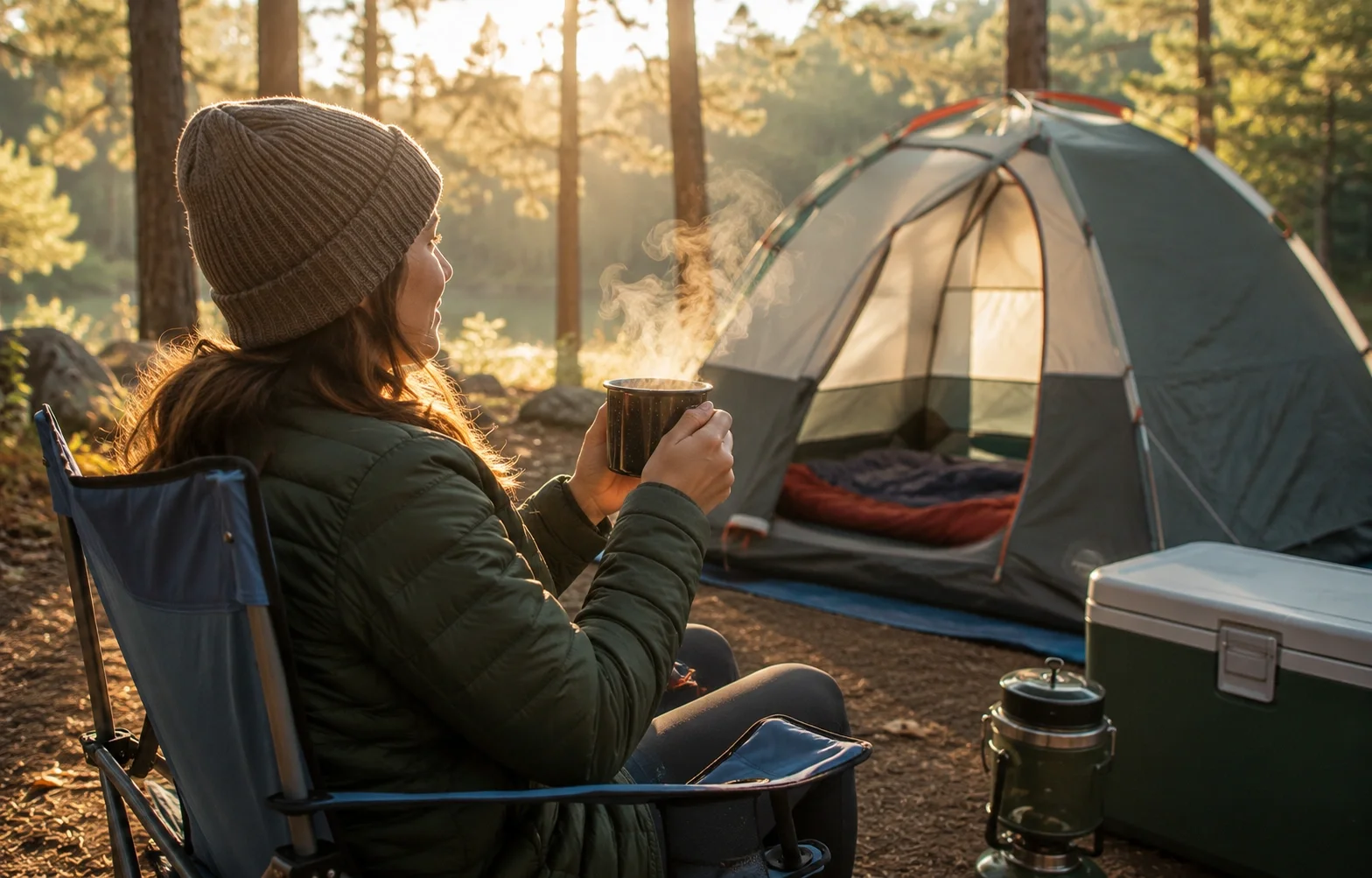 Smiling beginner camper enjoying a cup of coffee at their campsite early in the morning