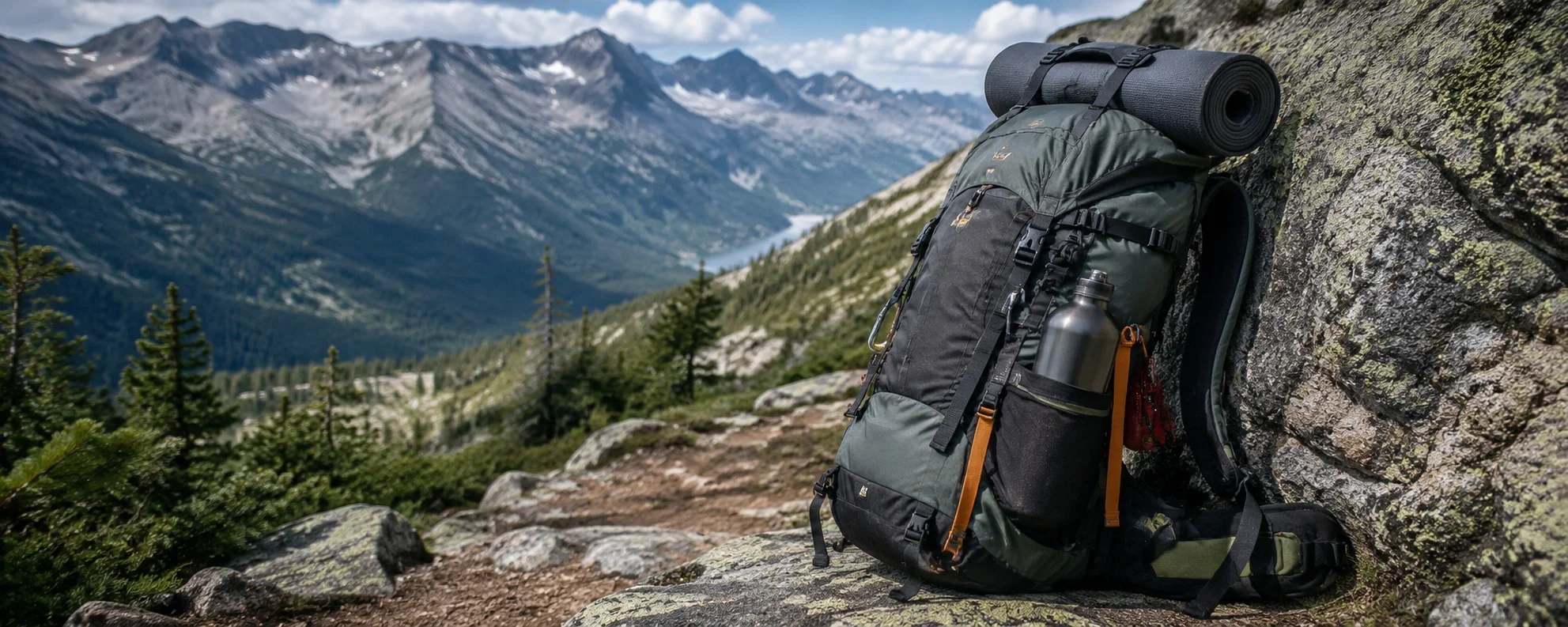 Hiking backpack packed with camping gear on a mountain trail