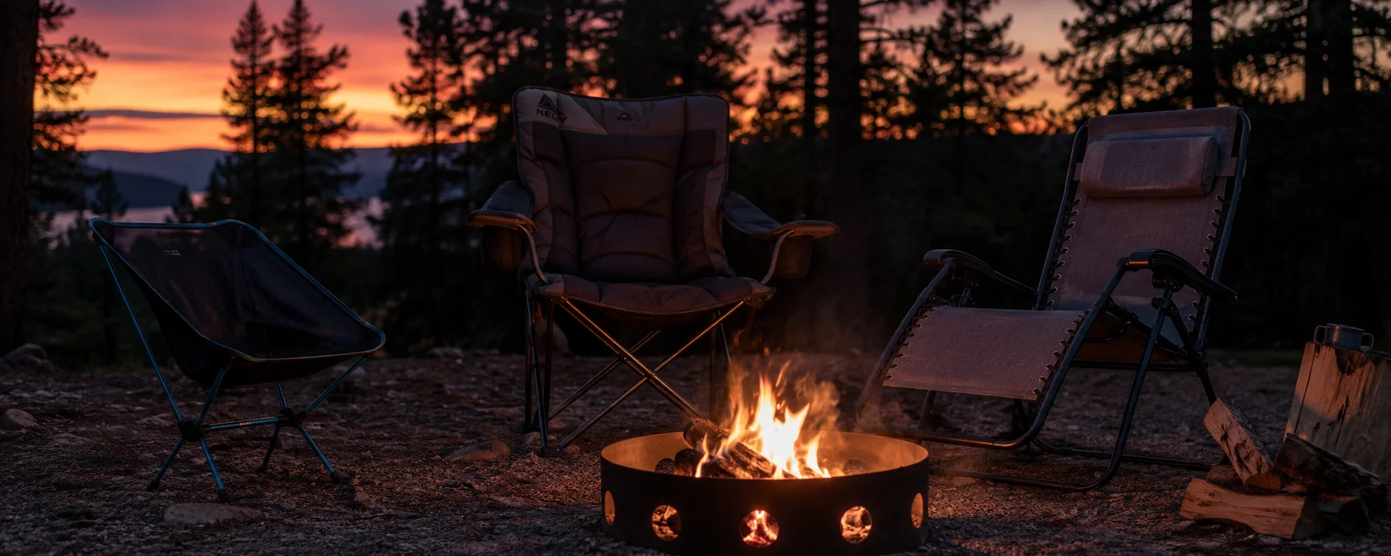 Comfortable camping chairs arranged around a campfire at dusk
