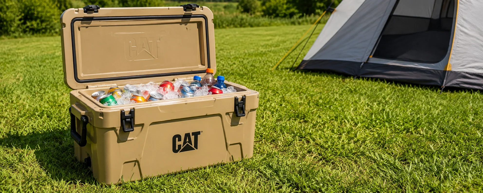 High-performance camping cooler filled with drinks and ice