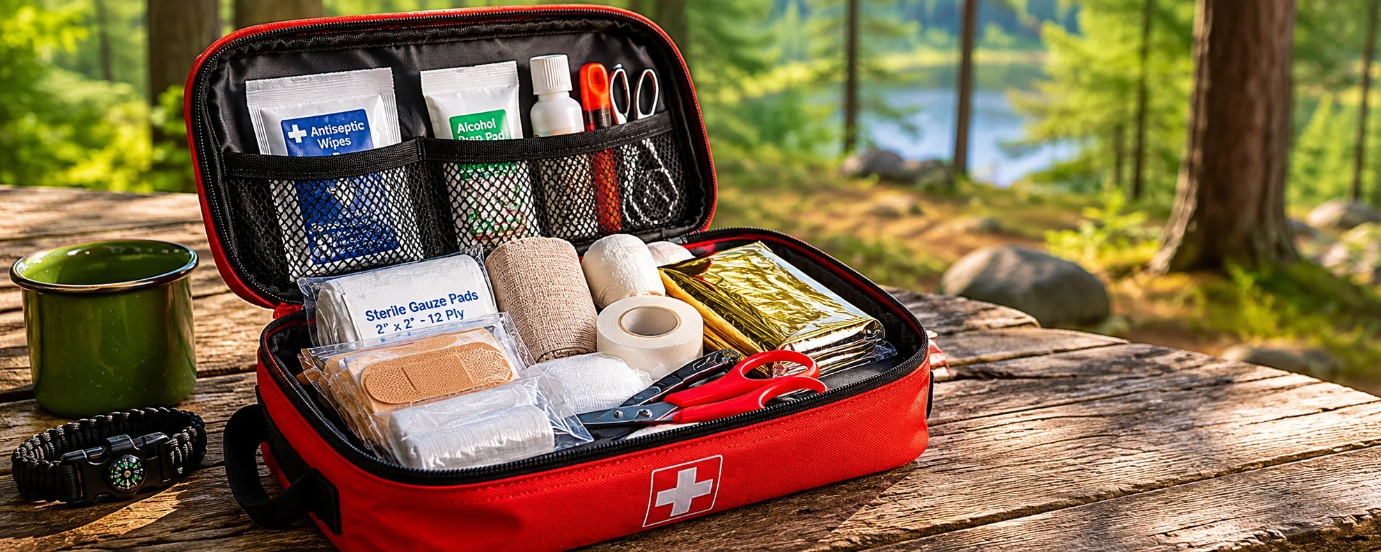 Well-organized camping first aid kit with medical supplies