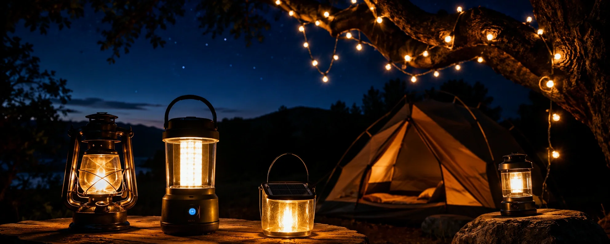 LED camping lanterns illuminating a campsite at night