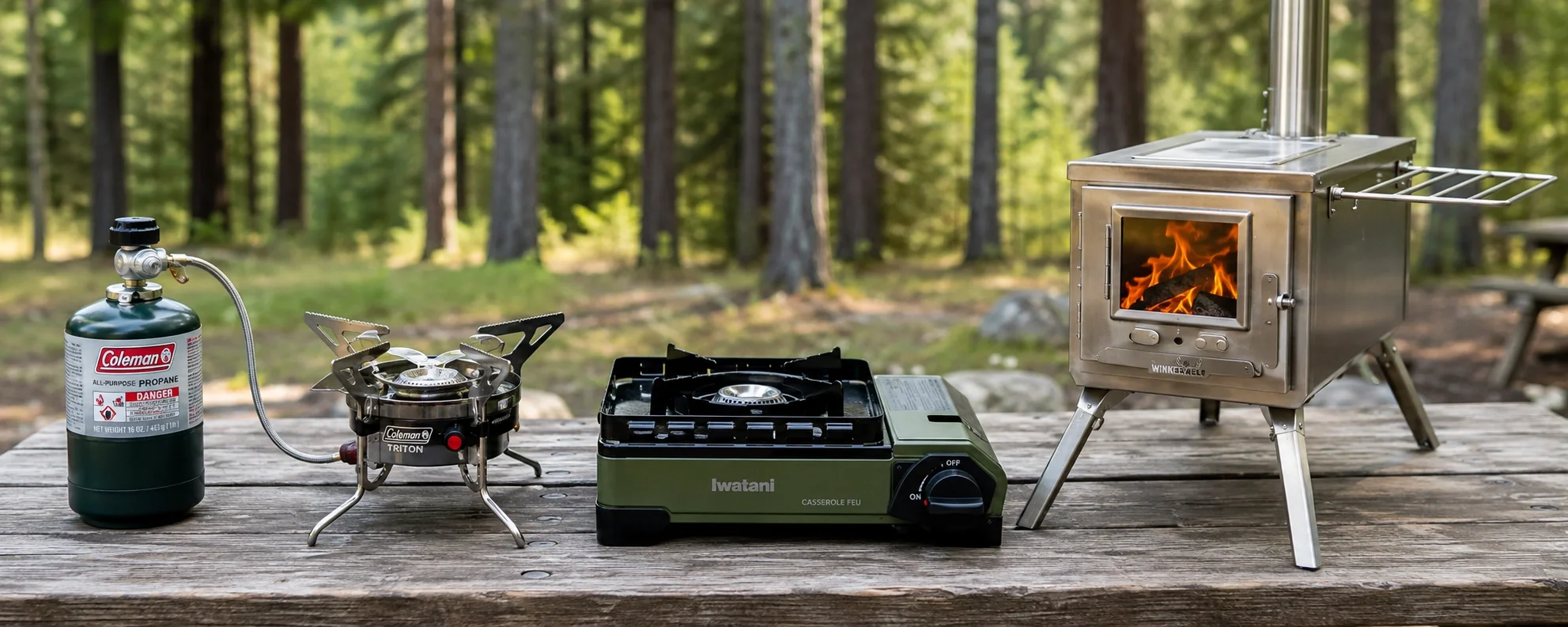 Various camping stoves for outdoor cooking on a campsite