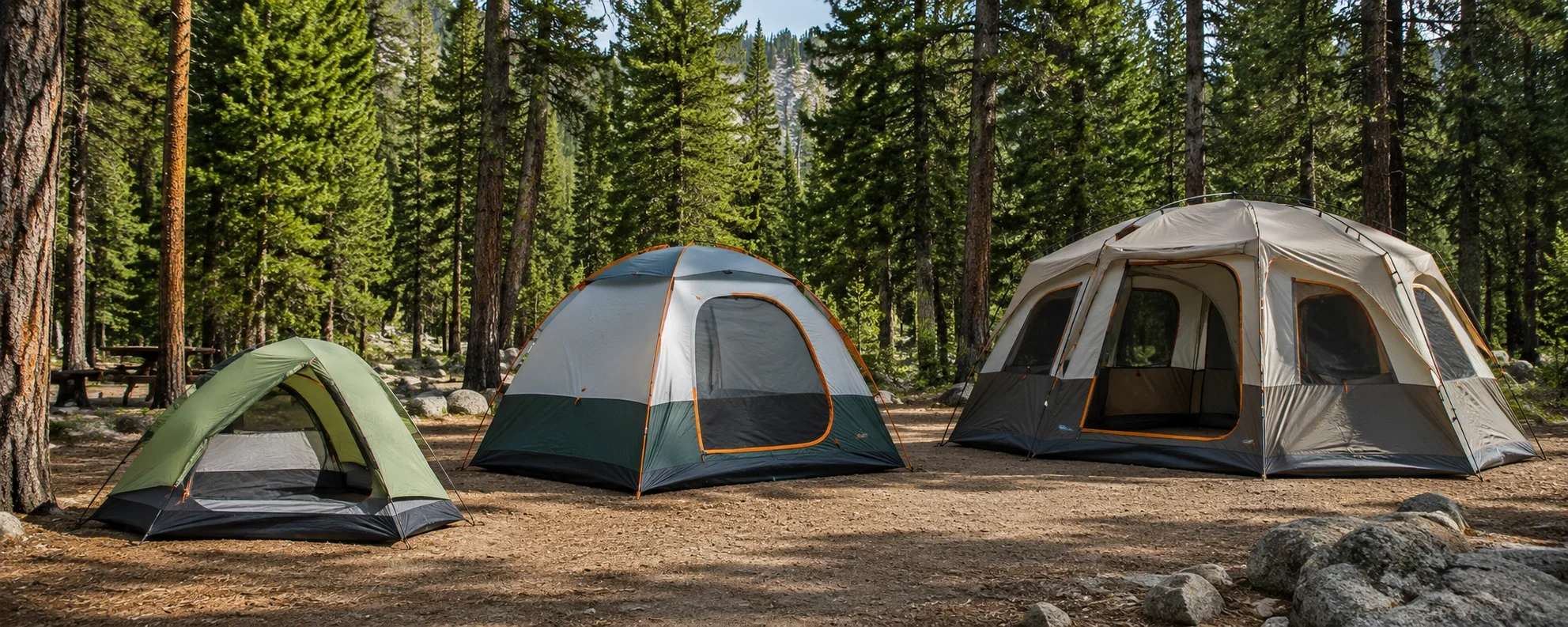 Camping tents in various sizes set up in a forest campground