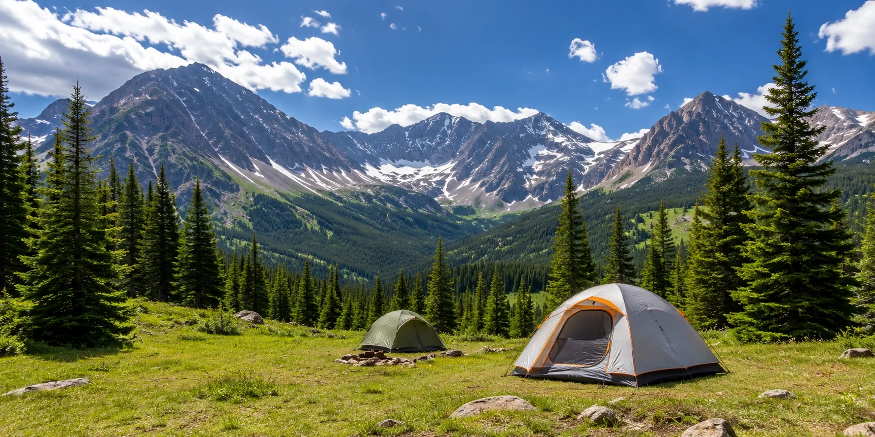 Colorado mountain campground with snow-capped peaks in background
