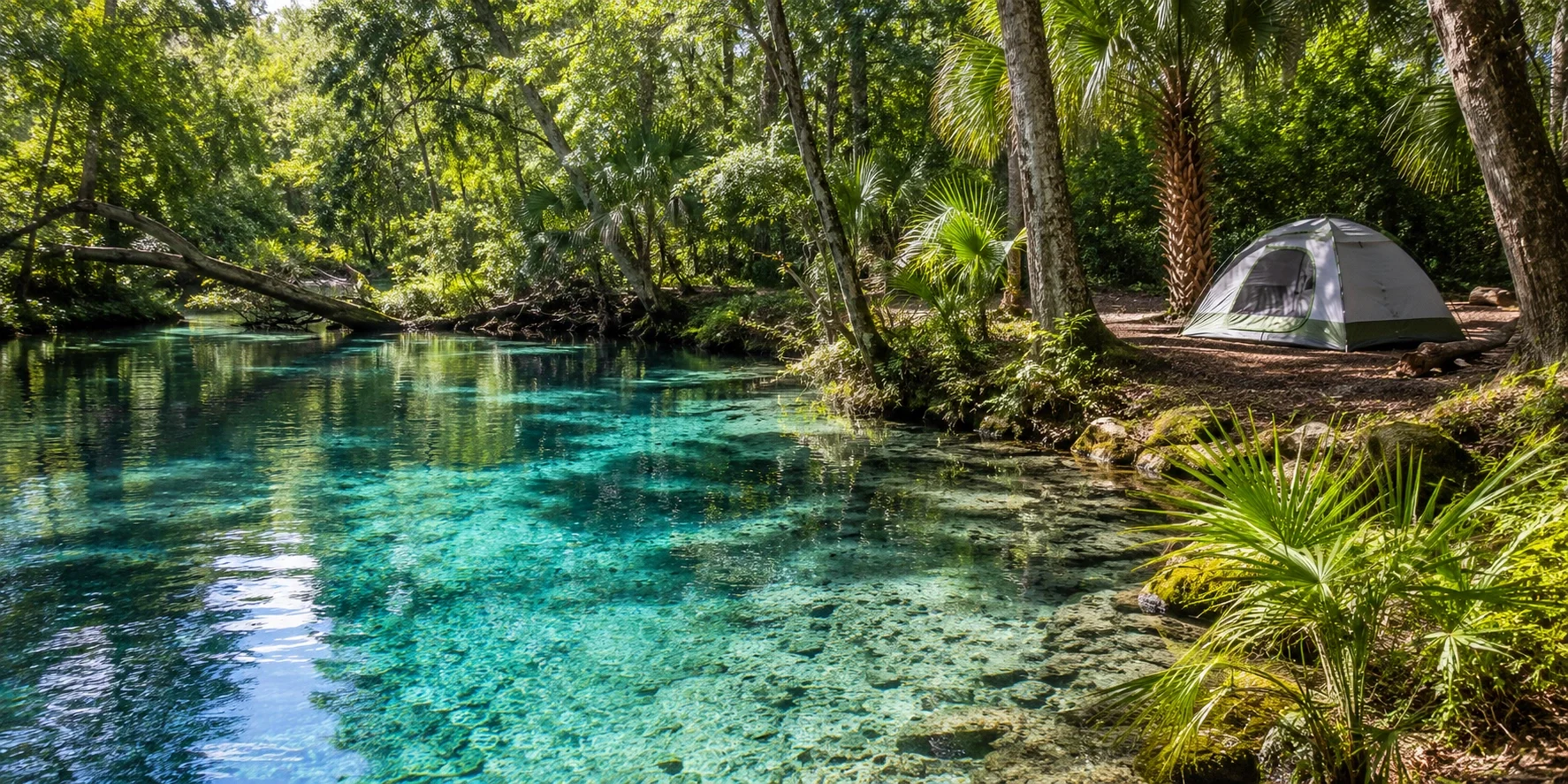 Crystal clear Florida spring surrounded by lush tropical vegetation