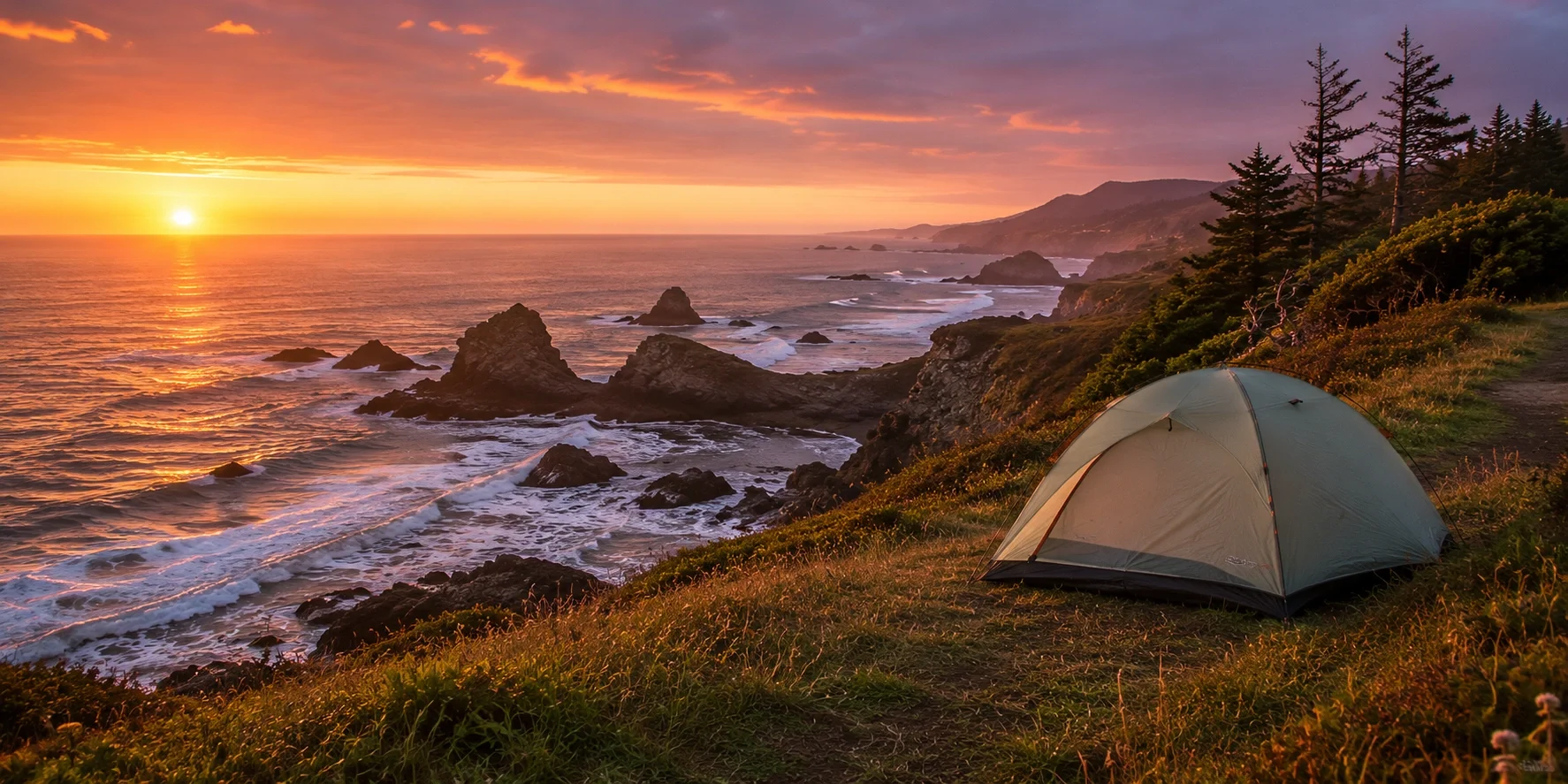Oregon coast campground with ocean waves and dramatic shoreline