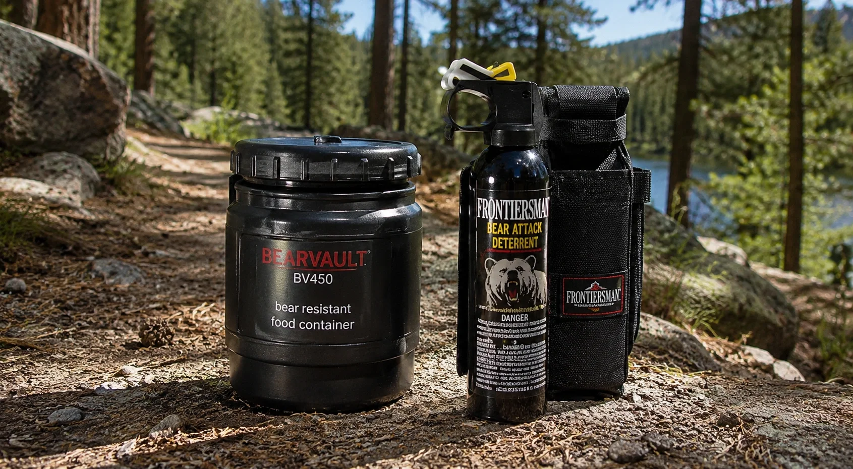 Bear safety equipment including bear canister and bear spray on a trail