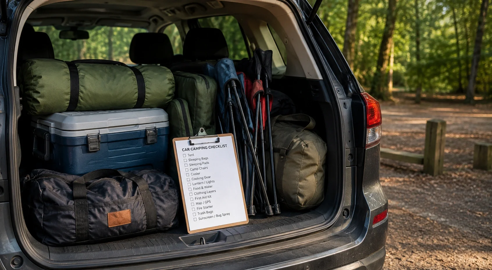 Car packed with camping gear and checklist on clipboard