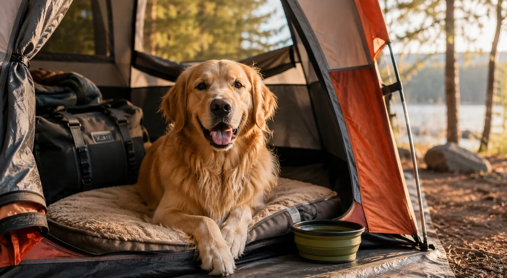 Happy golden retriever sitting inside a camping tent with camping gear around
