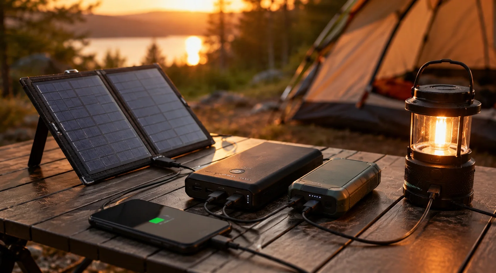 Portable power banks and solar charger charging devices at camp