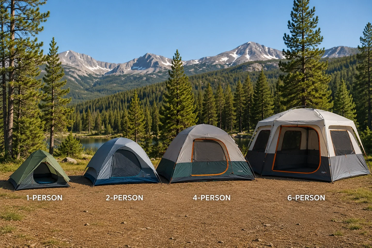 Different tent sizes compared side by side at a campsite